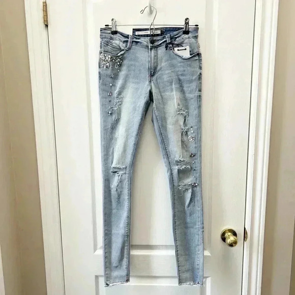 Brave Soul Skinny Jeans Beaded Distressed Denim Stretch Light Blue Size 27 4 NWT - Picture 4 of 16